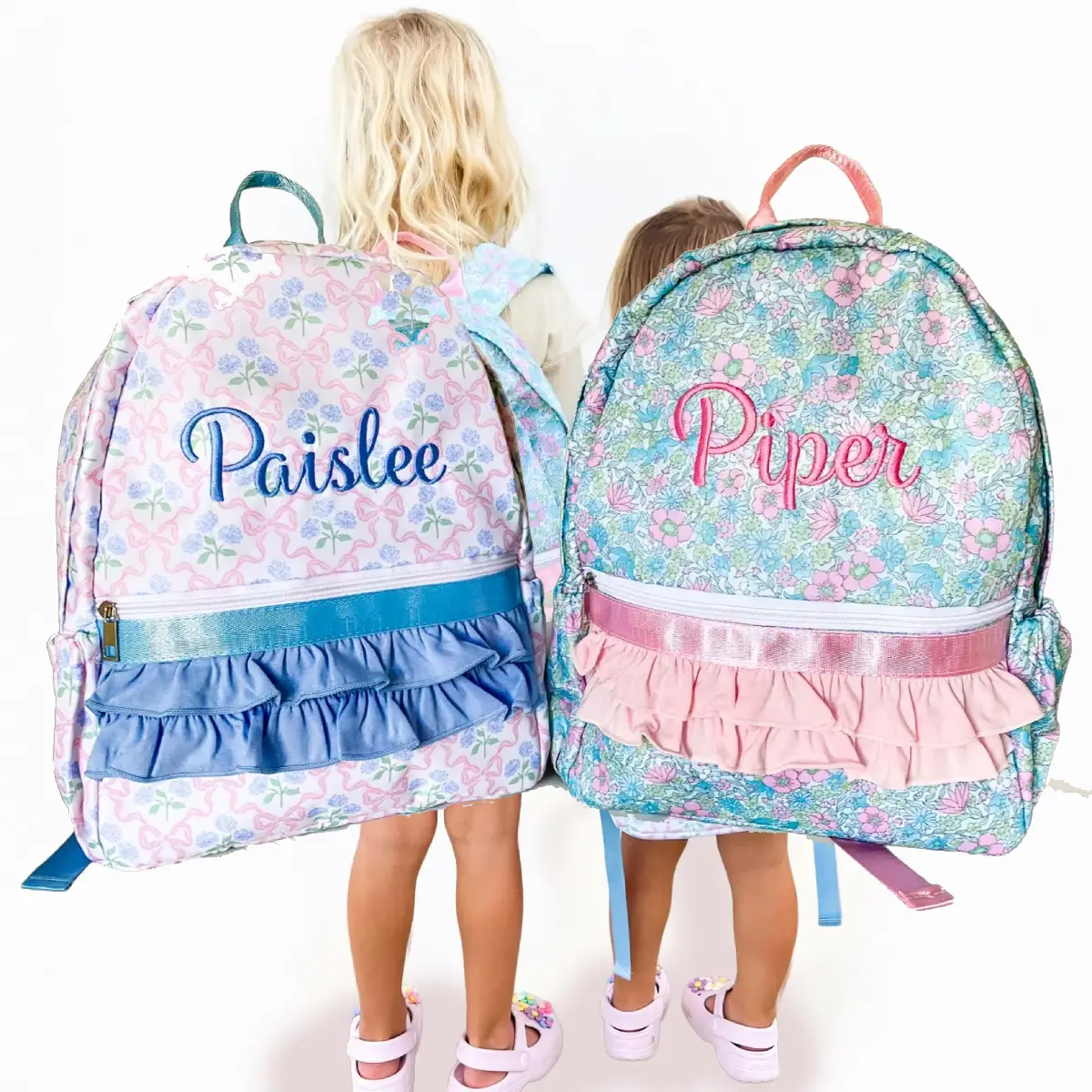 Girl's Coquette Bow and Flower Ruffle Backpack, Monogrammed backpack (2) Girl's Coquette Bow and Flower Ruffle Backpack, Monogrammed backpack (2)